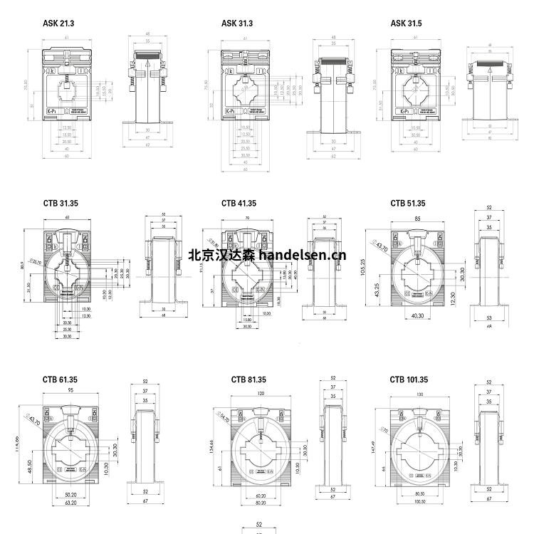 Janitza塑殼電流互感器等級(jí)1-5 ASK和CTB尺寸圖